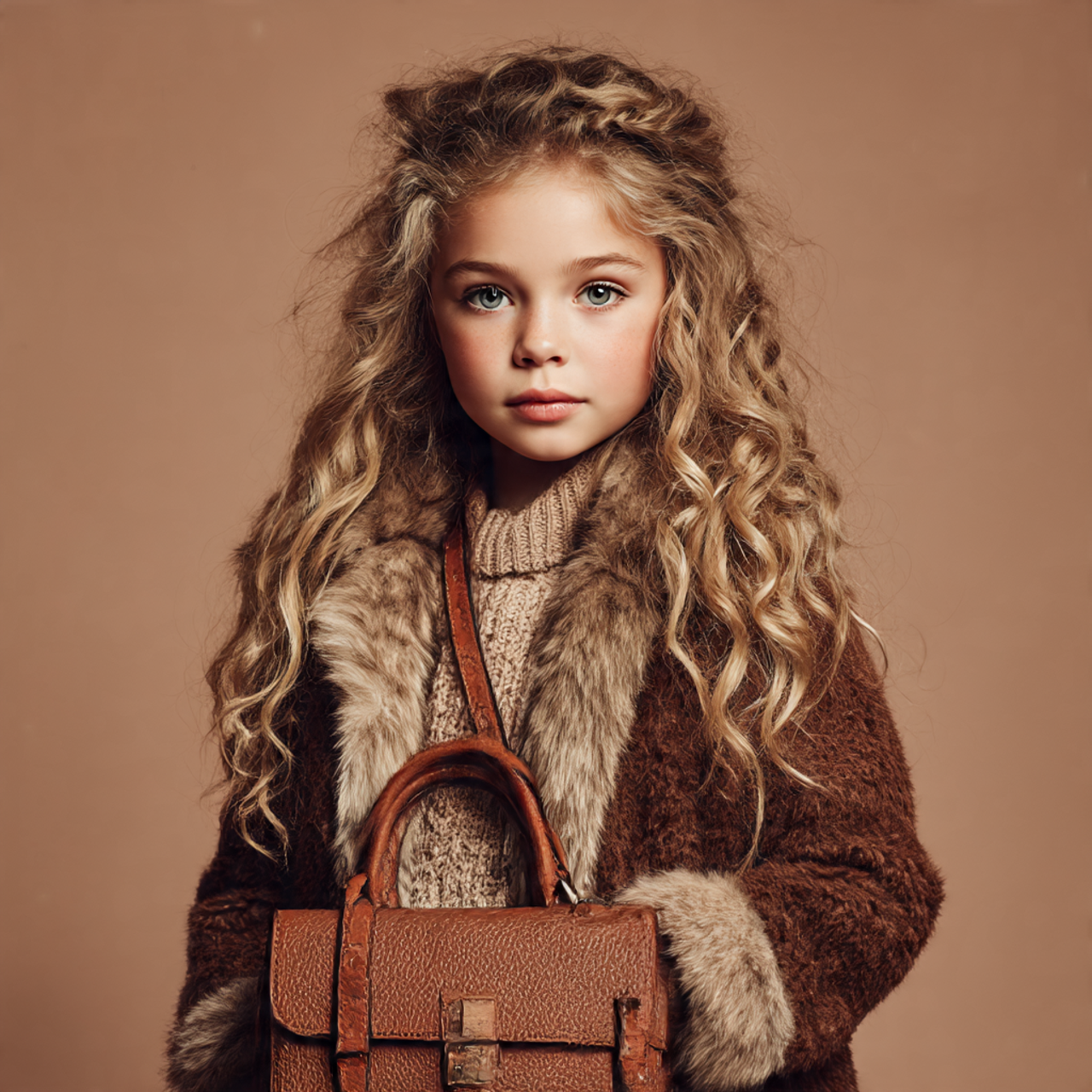 a realistic photoshoot shot of a young girl model posing for children's BAGS ad. She has a cute handbag