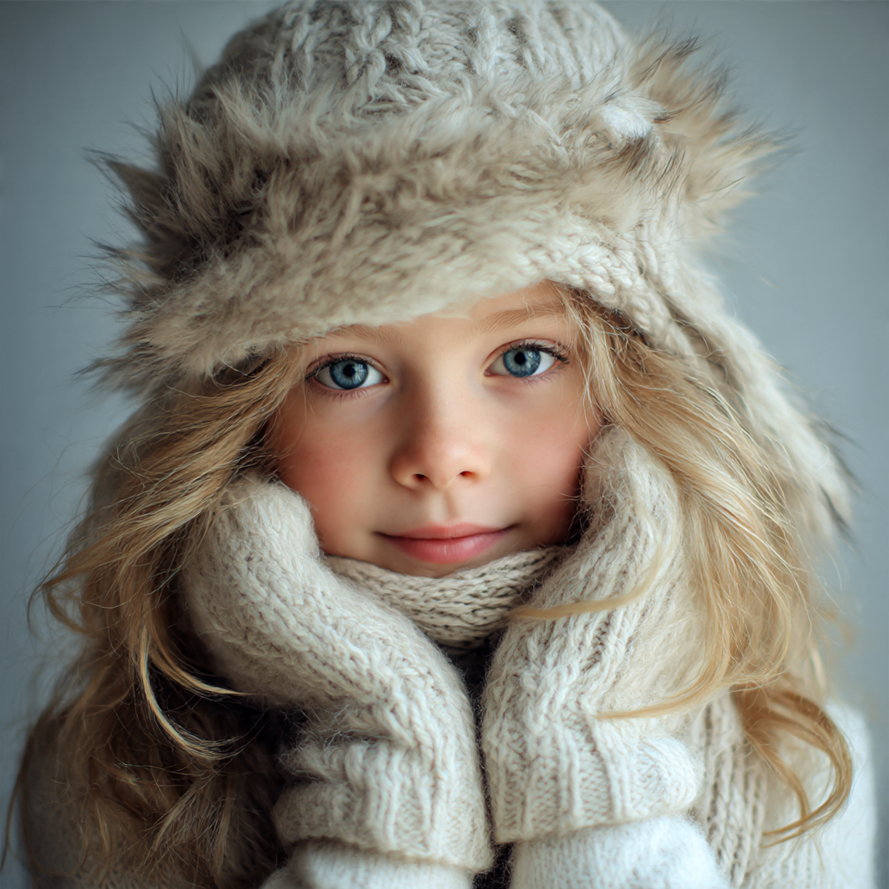 a realistic photoshoot shot of a young girl model posing for girl's hats, mittens and scarves collection. She has a cute girly hat