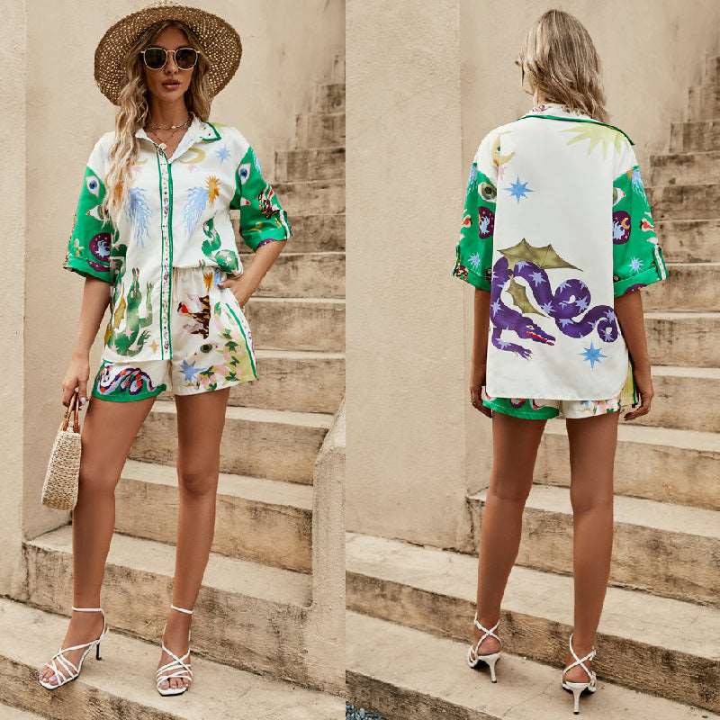 Women's Elegant Printed Short Sleeved Shirt and Shorts Loungewear Outfit Set - ChoreGirl