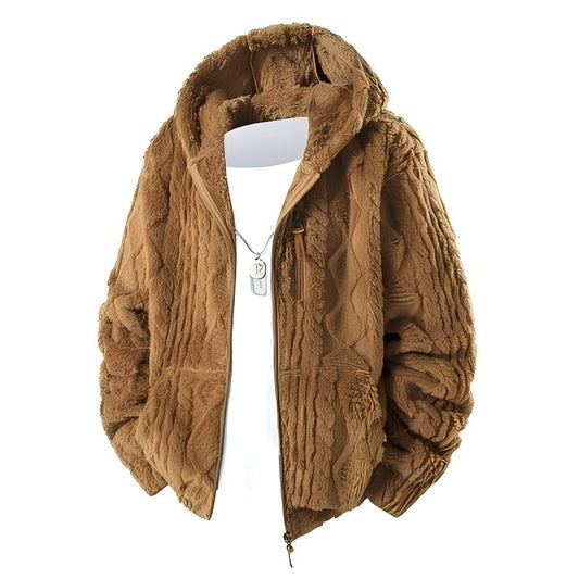 Men's Warm Fleece Padded Zip-up Jacket Hooded or Hoodless, Knit-like Pattern