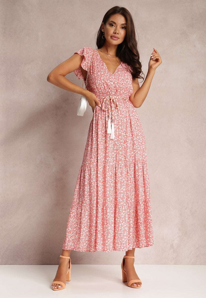 Women's Floral Tied Dress with Rope Style Belt - ChoreGirl
