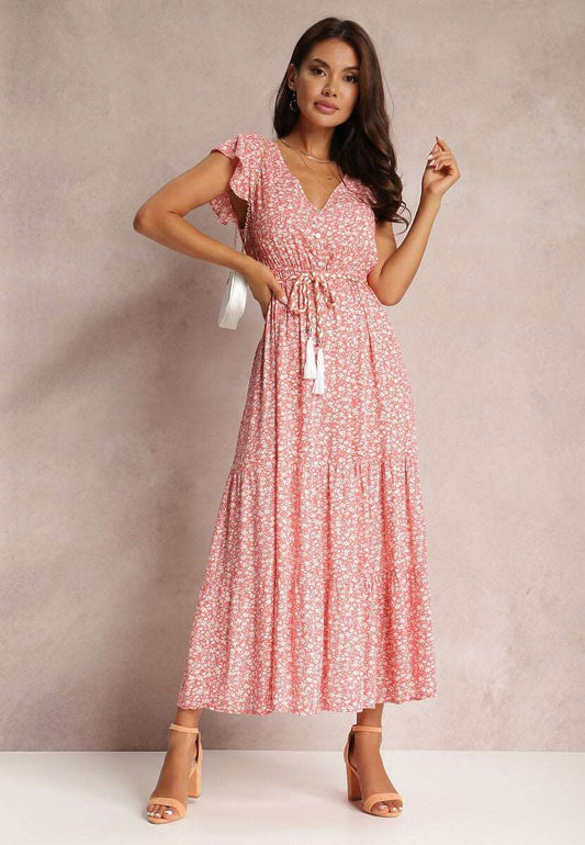 Women's Floral Tied Dress with Rope Style Belt - ChoreGirl