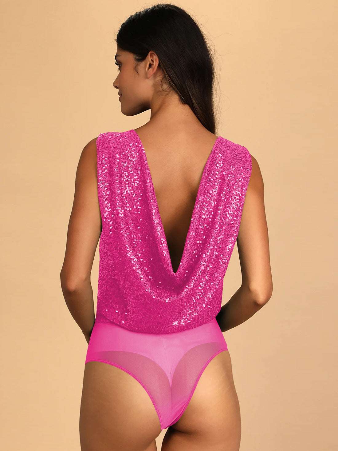 Women's Glitter Sequin Sleeveless Low Cut V-Neck Bodysuit - ChoreGirl