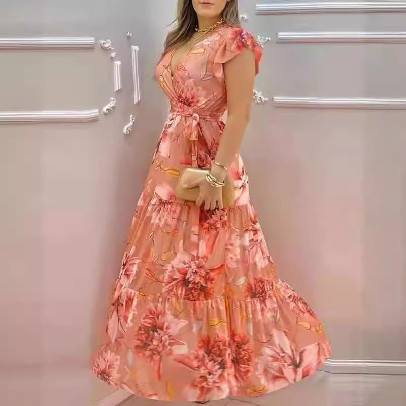 Women's Long Printed V-neck Chiffon Dress - ChoreGirl