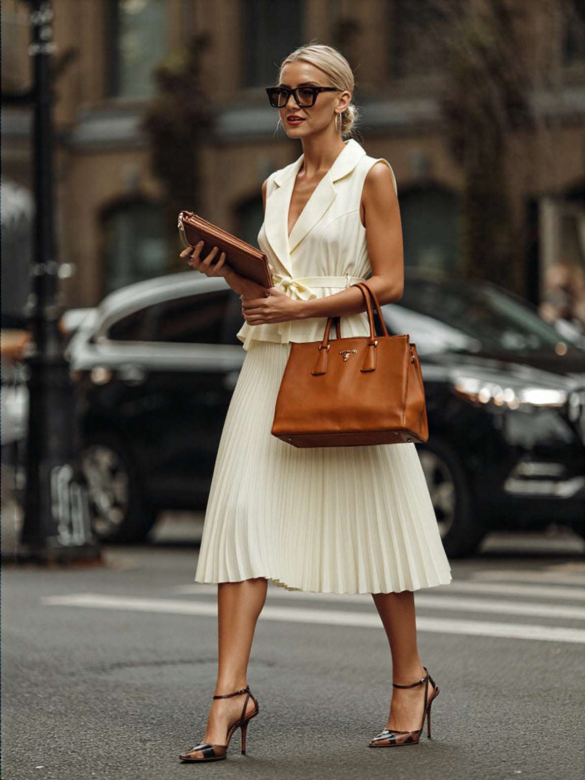 Women's Fashion-forward Double Breasted Vest and Pleated Skirt Dress with Belt