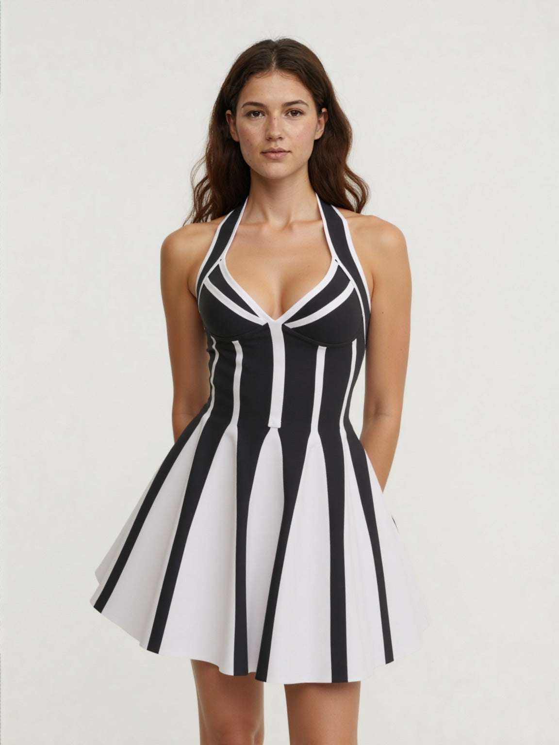 Women's Halter A-line Contrast color Black And White Short Dress