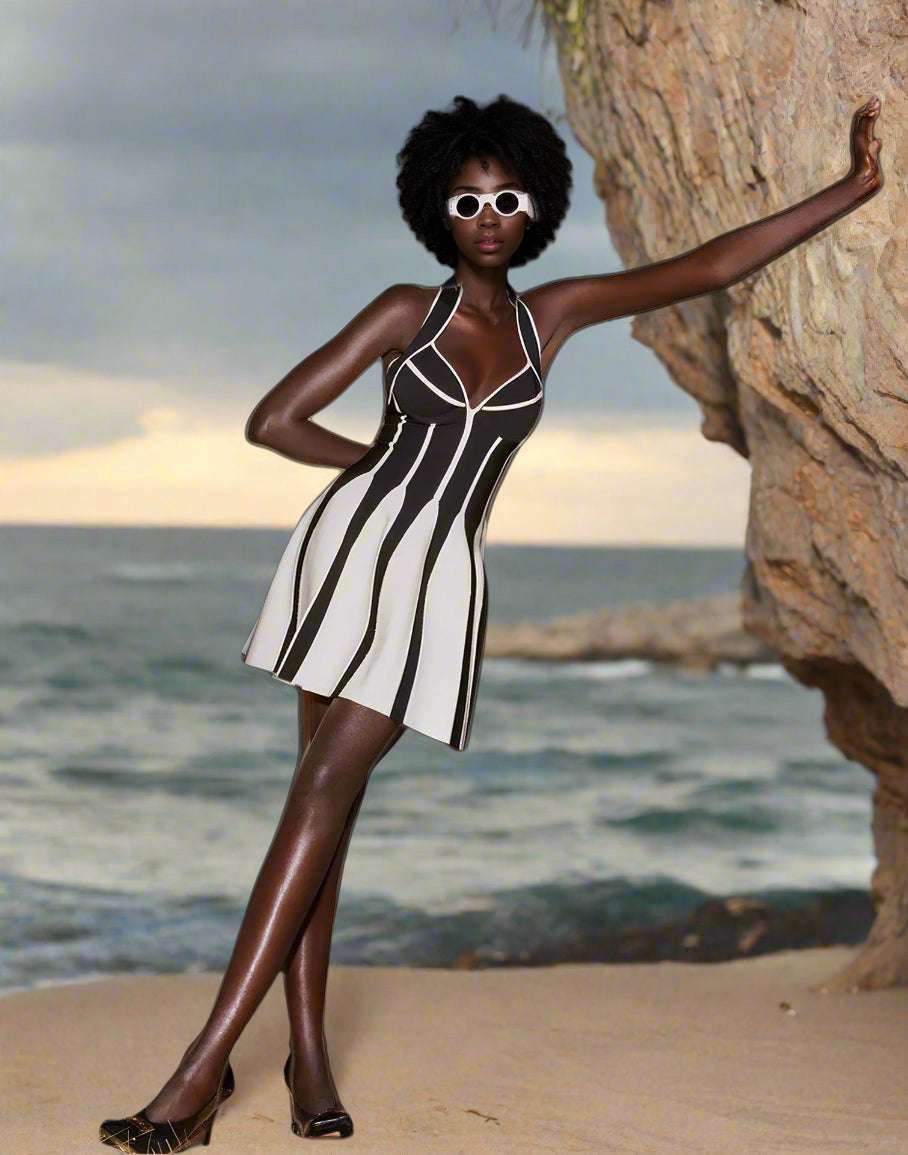 Women's Halter A-line Contrast color Black And White Short Dress