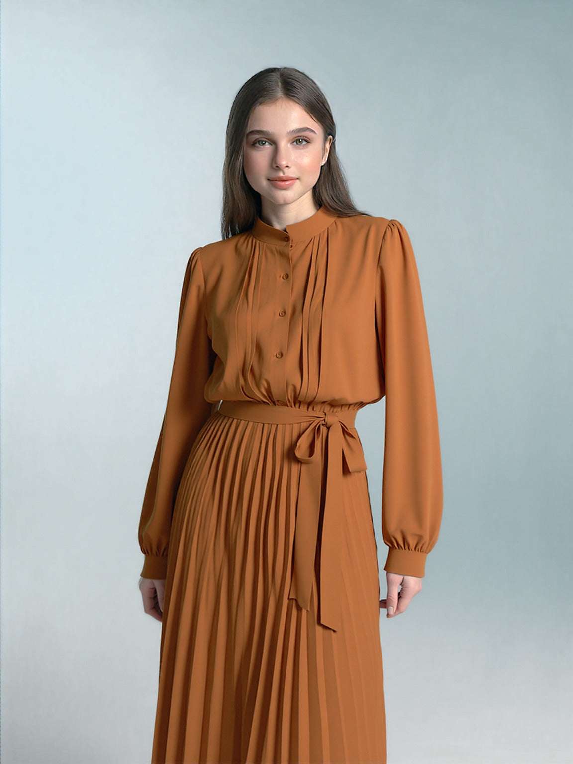 Women's Elegant Chiffon Long Sleeve Pleated Dress