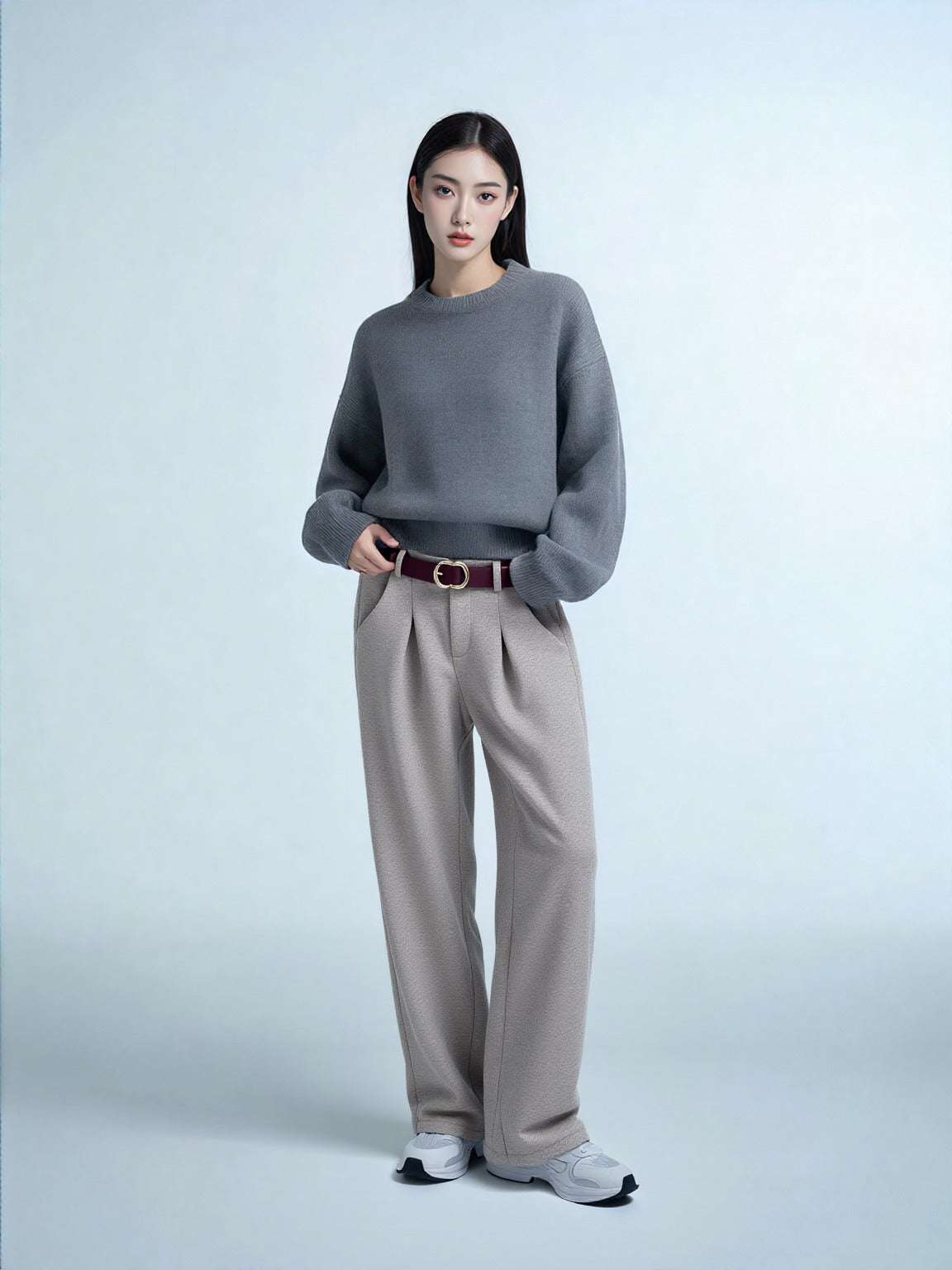 Women's Casual Woolen Coat, Sweater and Pants Three Piece Outfit Set