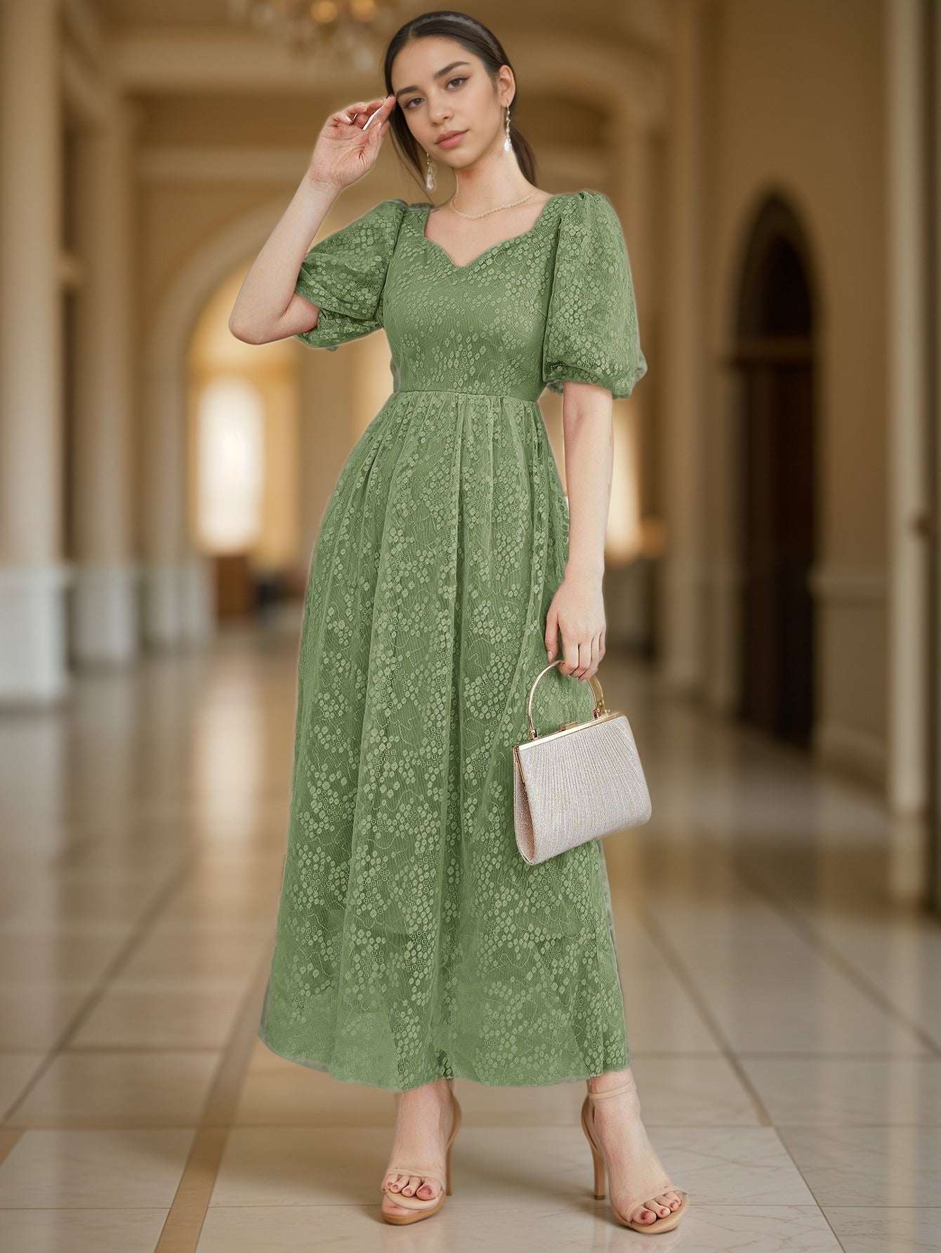 Women's Elegant Lace Jacquard Midi Dress with Bell Style Sleeves