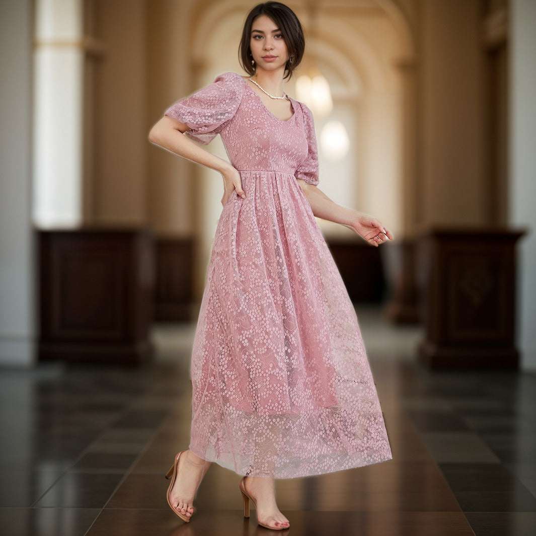 Women's Elegant Lace Jacquard Midi Dress with Bell Style Sleeves