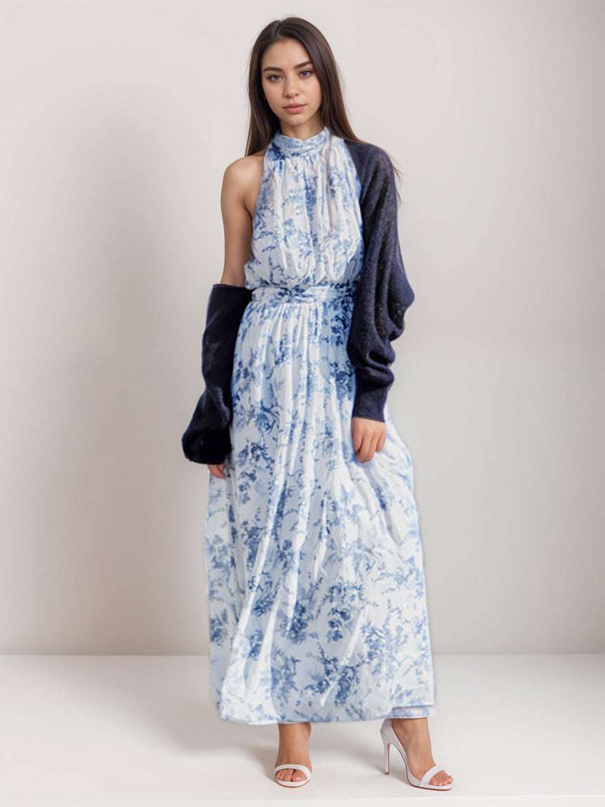 Women's Vintage Romantic Sleeveless Maxi Halter Dress with Bolero Cardigan