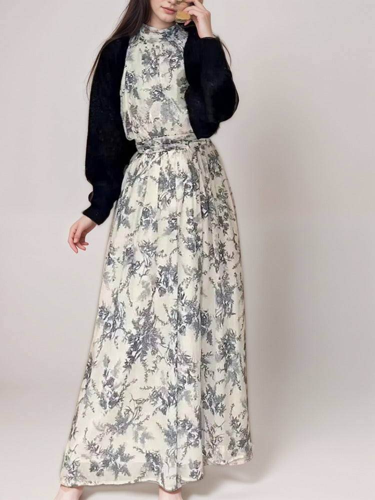Women's Vintage Romantic Sleeveless Maxi Halter Dress with Bolero Cardigan - ChoreGirl
