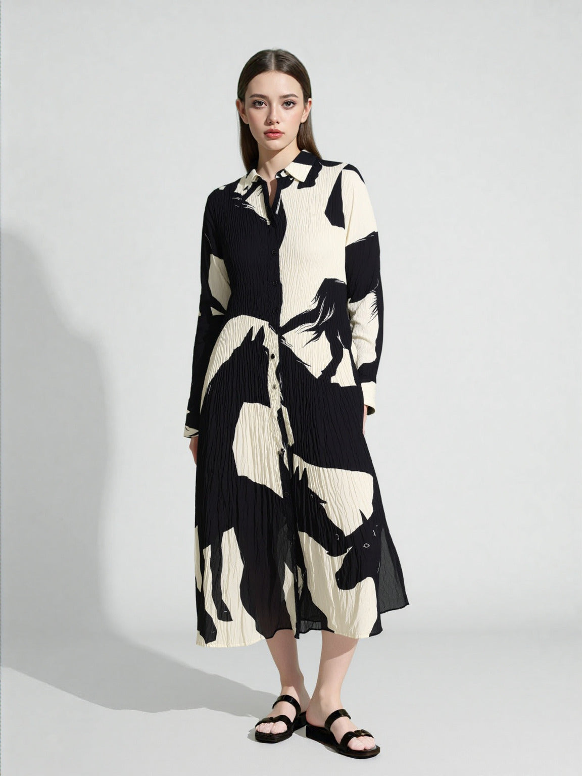 Women's Long Sleeve Black and White Shirt Style Dress - ChoreGirl