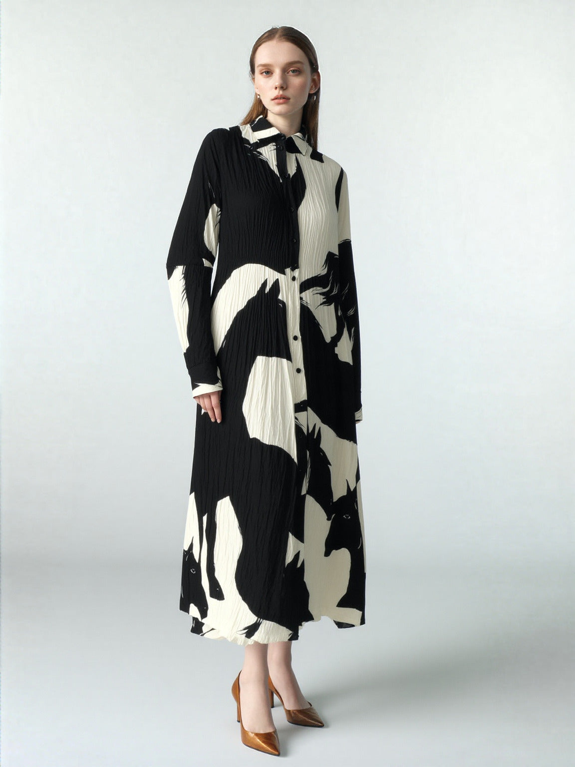 Women's Long Sleeve Black and White Shirt Style Dress - ChoreGirl