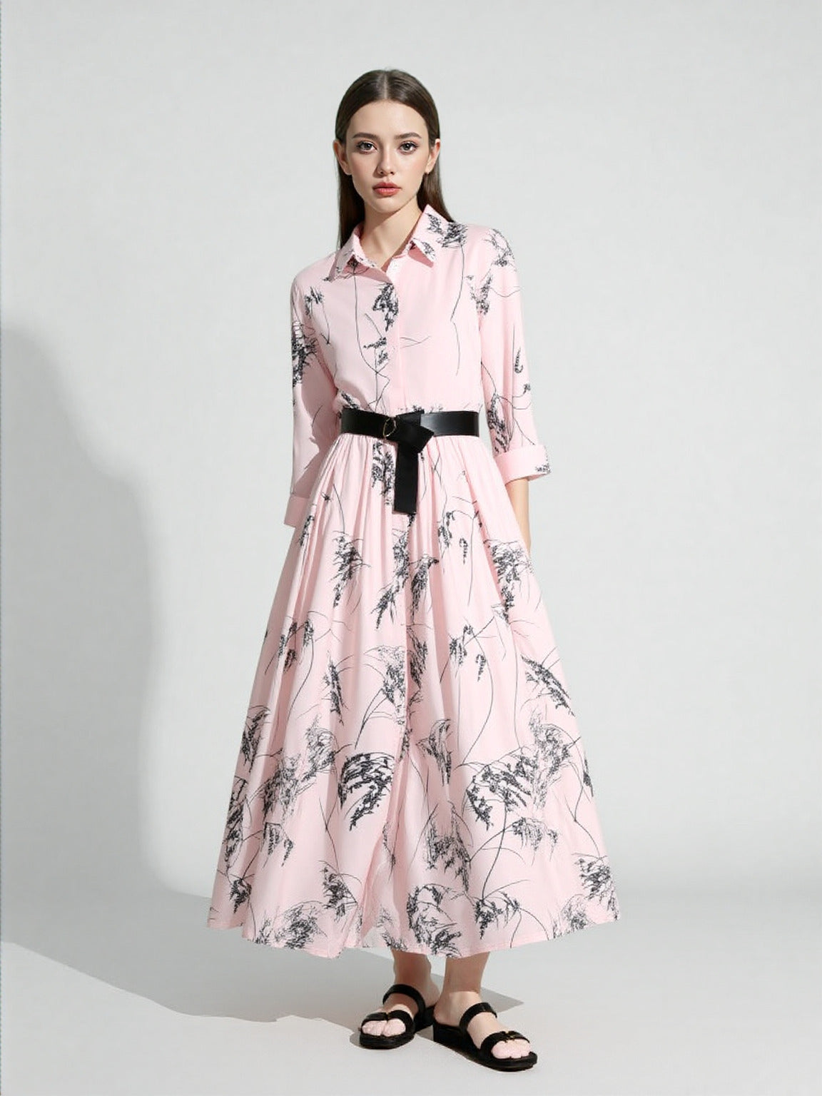 Women's Elegant Long-sleeved Large Swing Shirt Dress with Belt - ChoreGirl