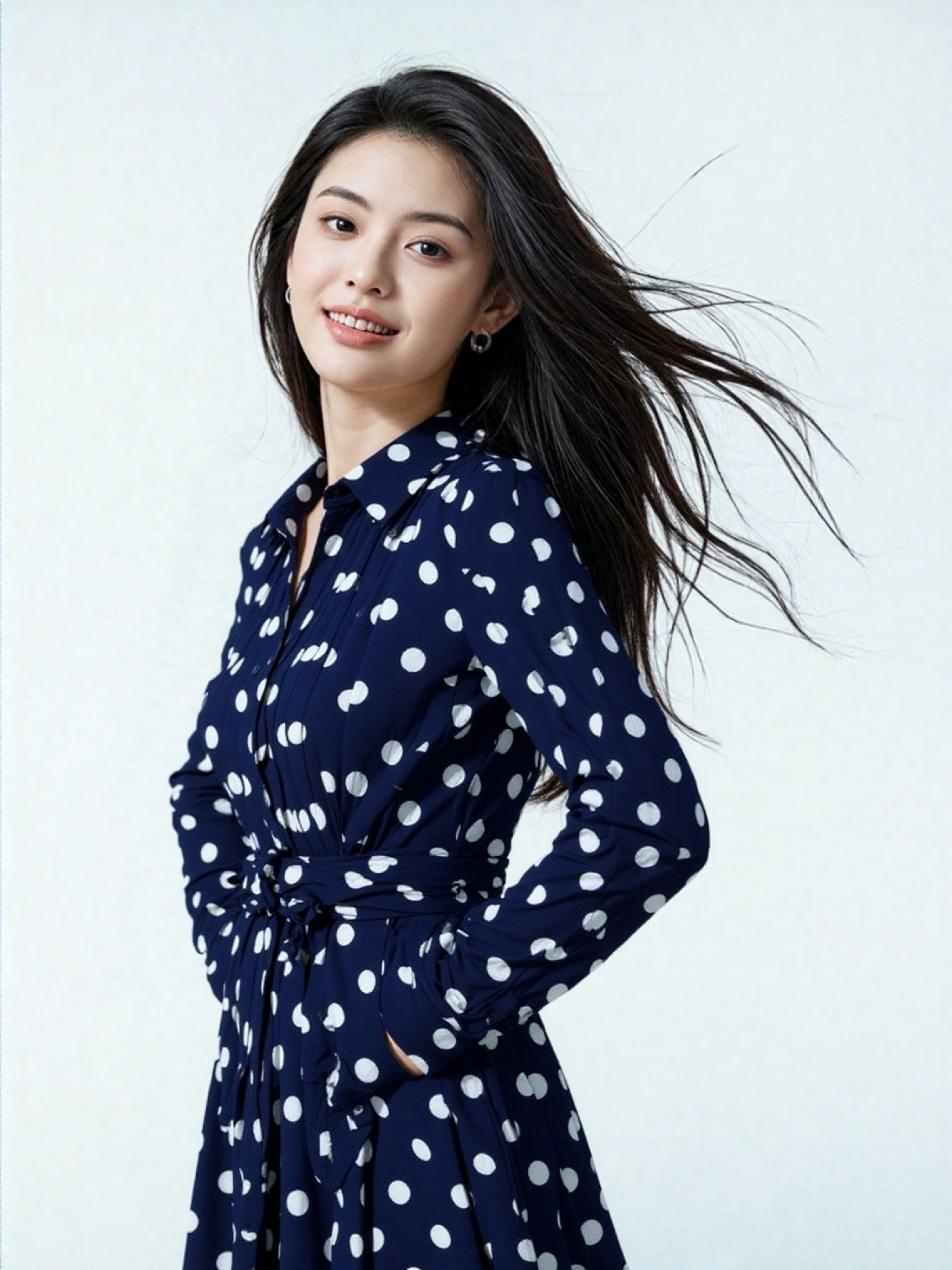 Women's Dark Blue Polka Dot Long Shirt Dress - ChoreGirl