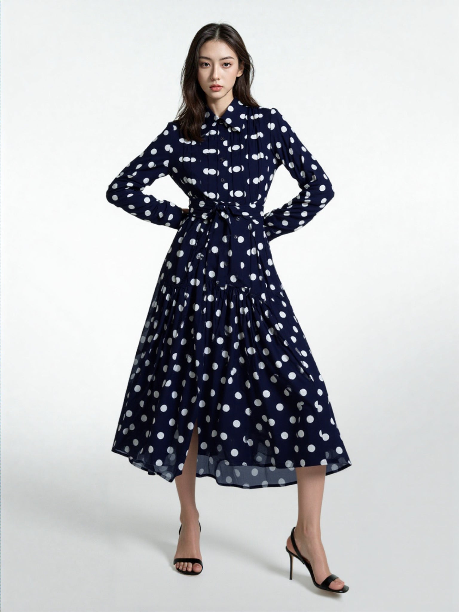 Women's Dark Blue Polka Dot Long Shirt Dress - ChoreGirl