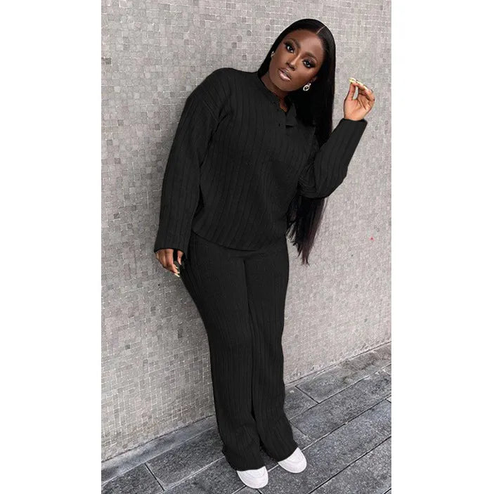 Women's Casual Knitted Long Sleeve Two-piece Outfit Set - ChoreGirl