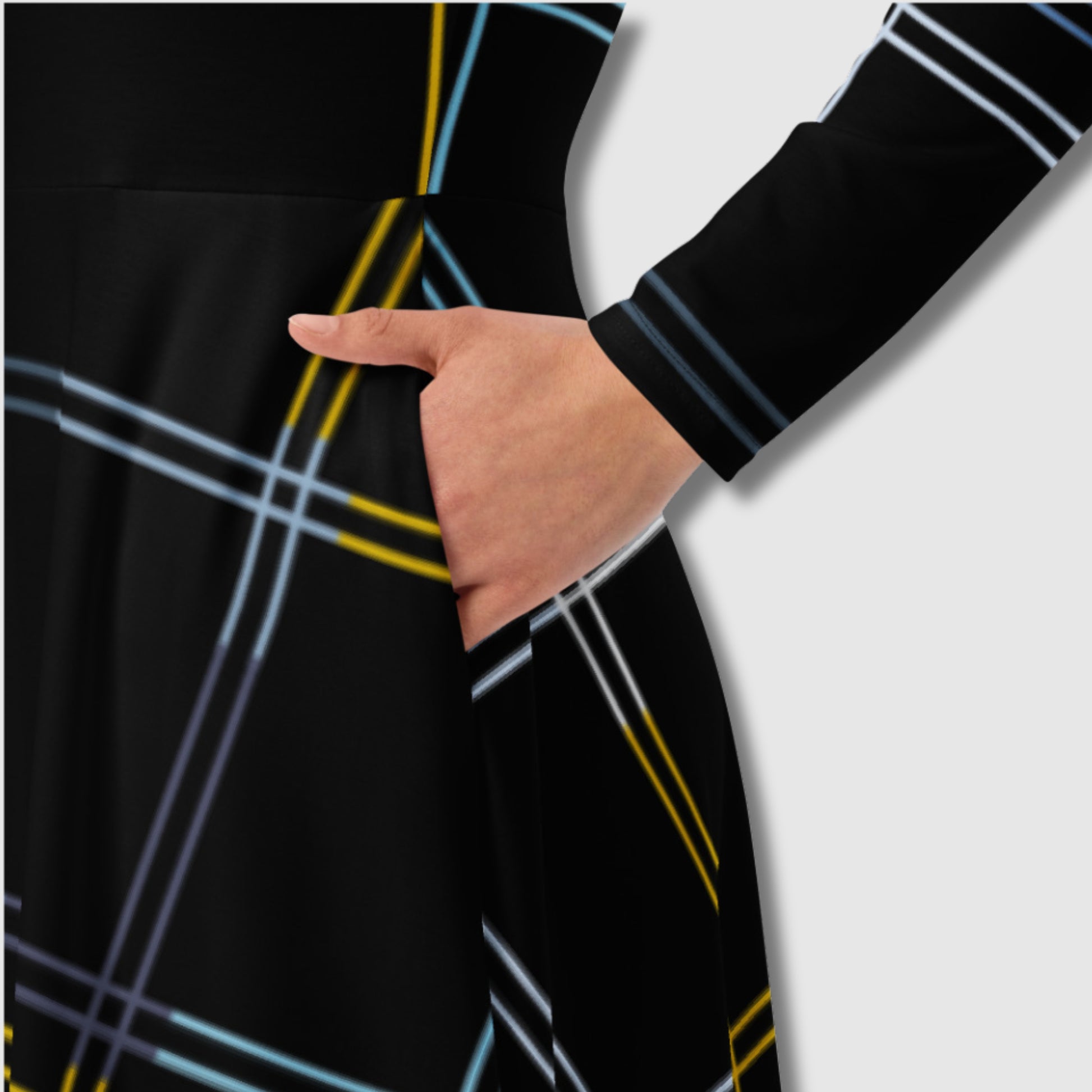 Custom Women's Black Long Sleeve Checkered Midi Dress with pockets | PERSONALIZED - ChoreGirl