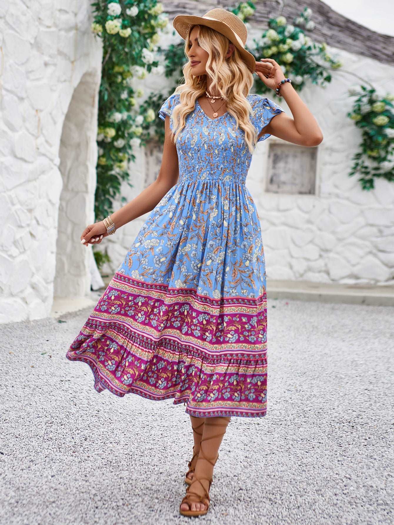 Women's Casual Bohemian Flower Print V-neck Ruffle Sleeveless Dress - ChoreGirl