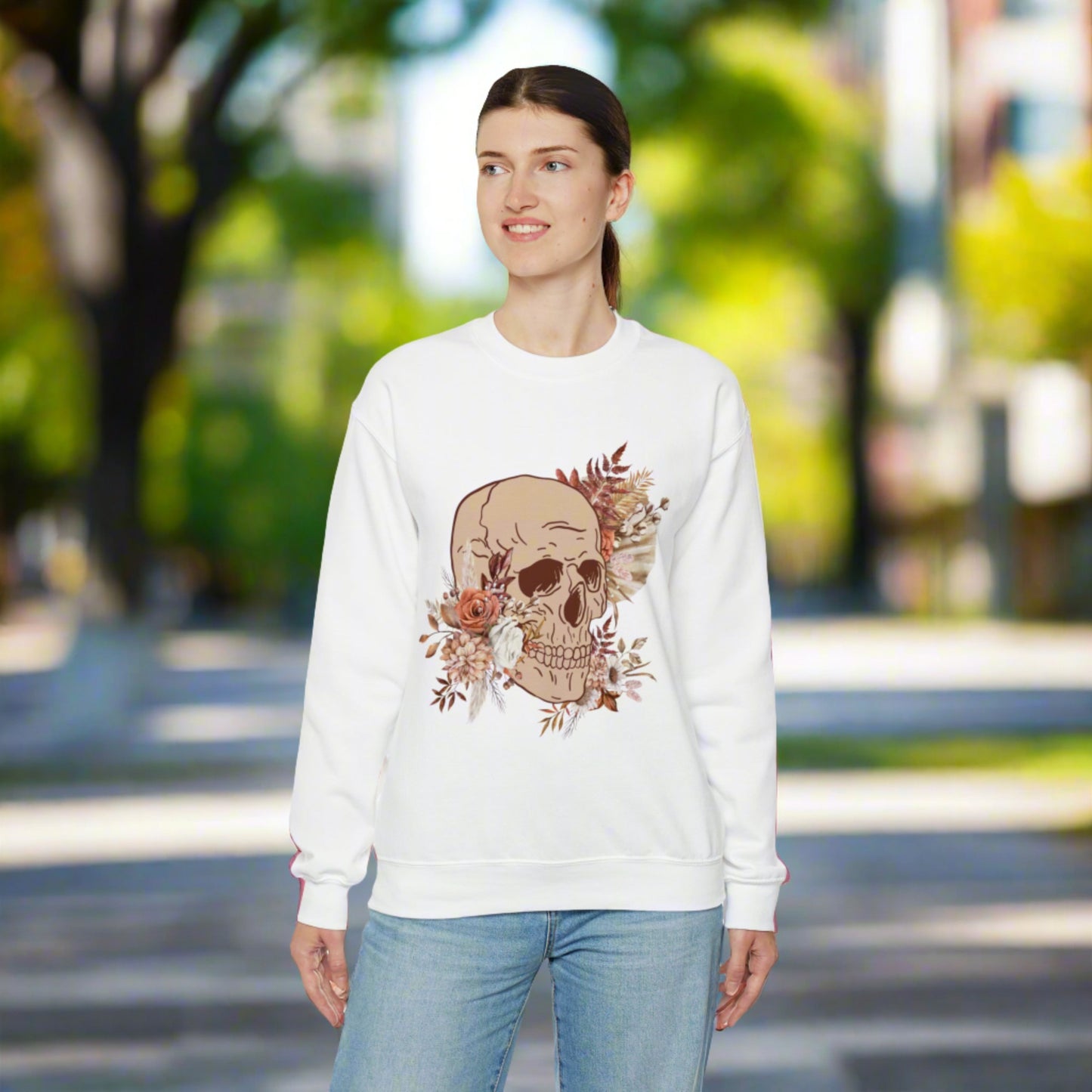 Custom Unisex Vintage Skull and Flower Heavy Blend Crewneck Sweatshirt | PERSONALIZED - ChoreGirl