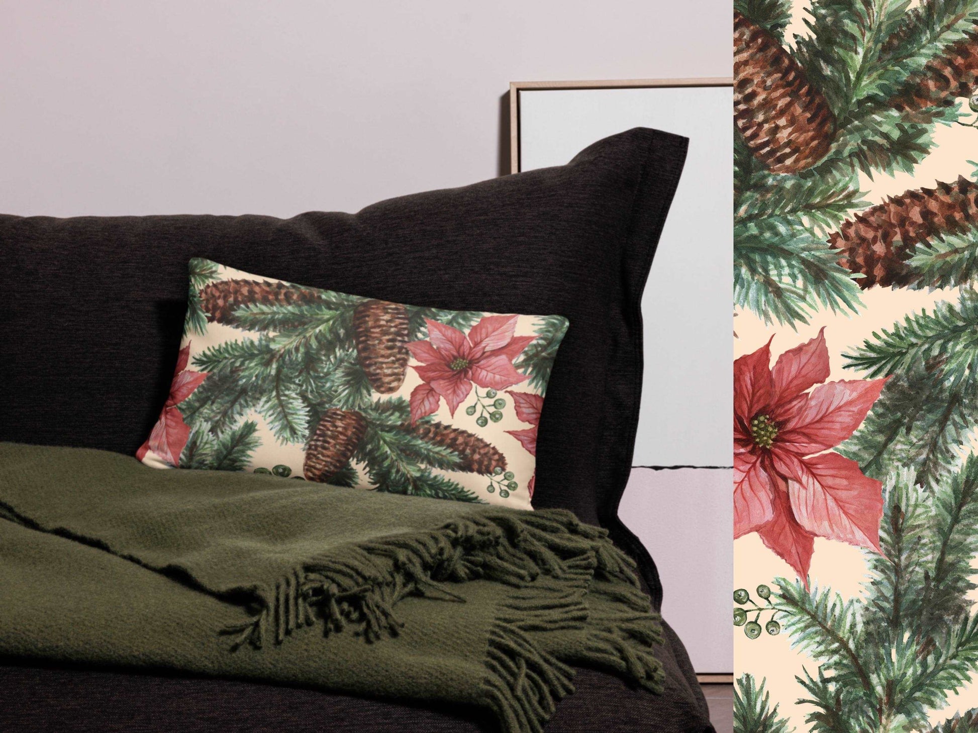 Custom Poinsettias And Pine Design Pillow Case (no insert pillow) | PERSONALIZED - ChoreGirl