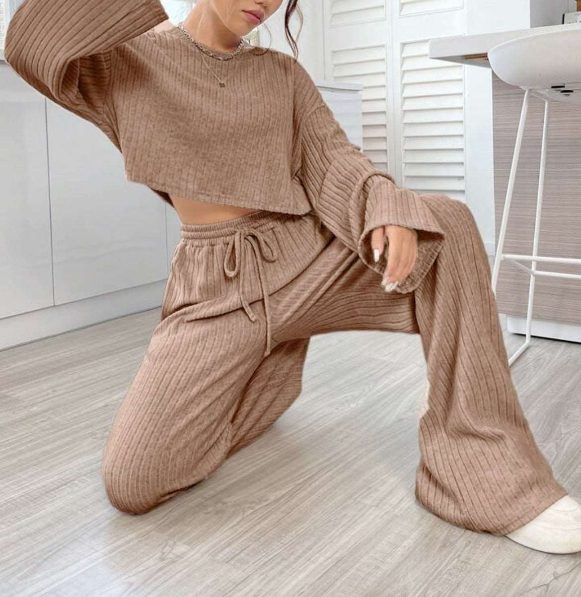 Women's Casual Loungewear Knitted Long Sleeve Top and Pants Outfit Set - ChoreGirl