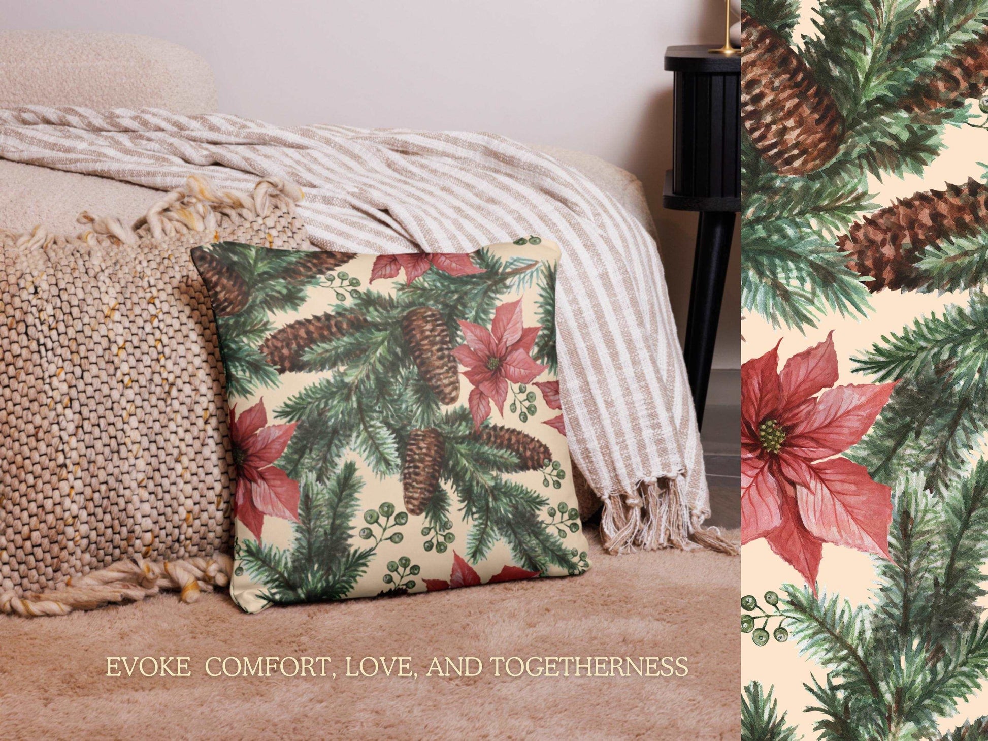 Custom Poinsettias And Pine Design Pillow Case (no insert pillow) | PERSONALIZED - ChoreGirl