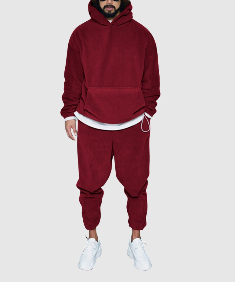 Men's Casual Solid Color Thermal Polar Fleece Hooded Drawstring Sweatshirt Outfit Set - ChoreGirl
