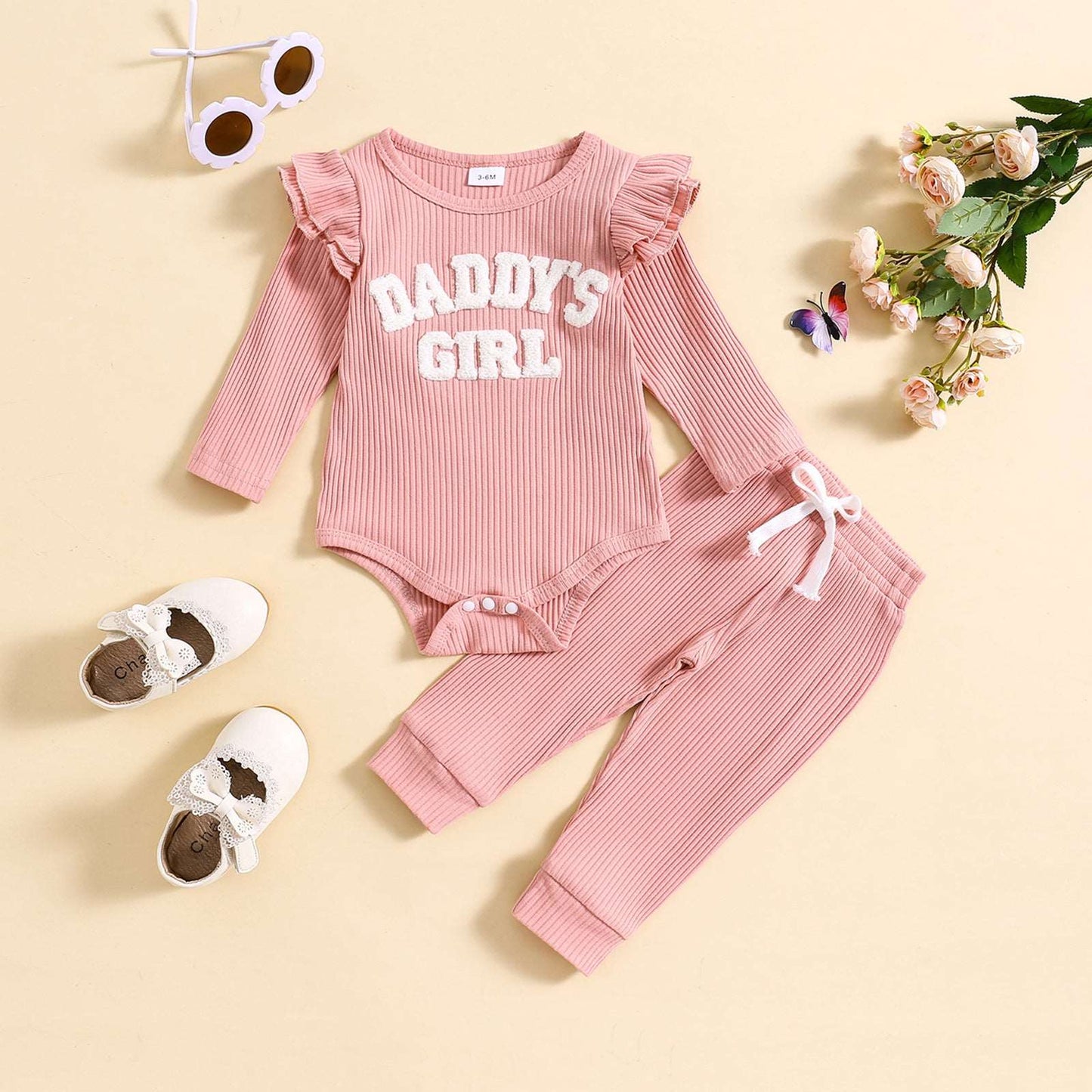 Baby Girl Cute Candy Color Striped and Letter Embroidered Outfit Set - ChoreGirl