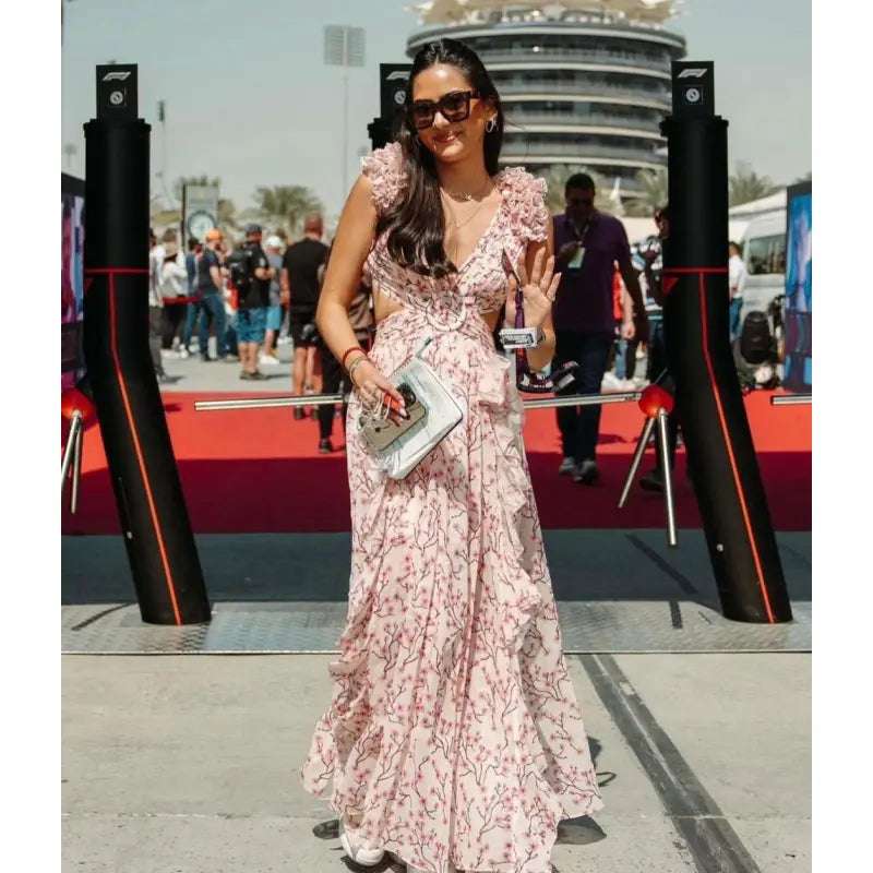 Women's Floral Pattern Ruffled Deep V-Neck Backless Dress - ChoreGirl