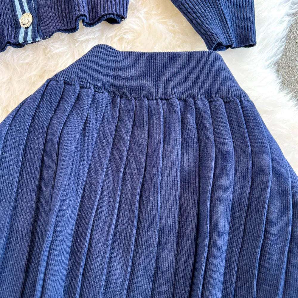 Women's Back to School Contrast Color V-neck Knitted Cardigan and Pleated Skirt Outfit Set