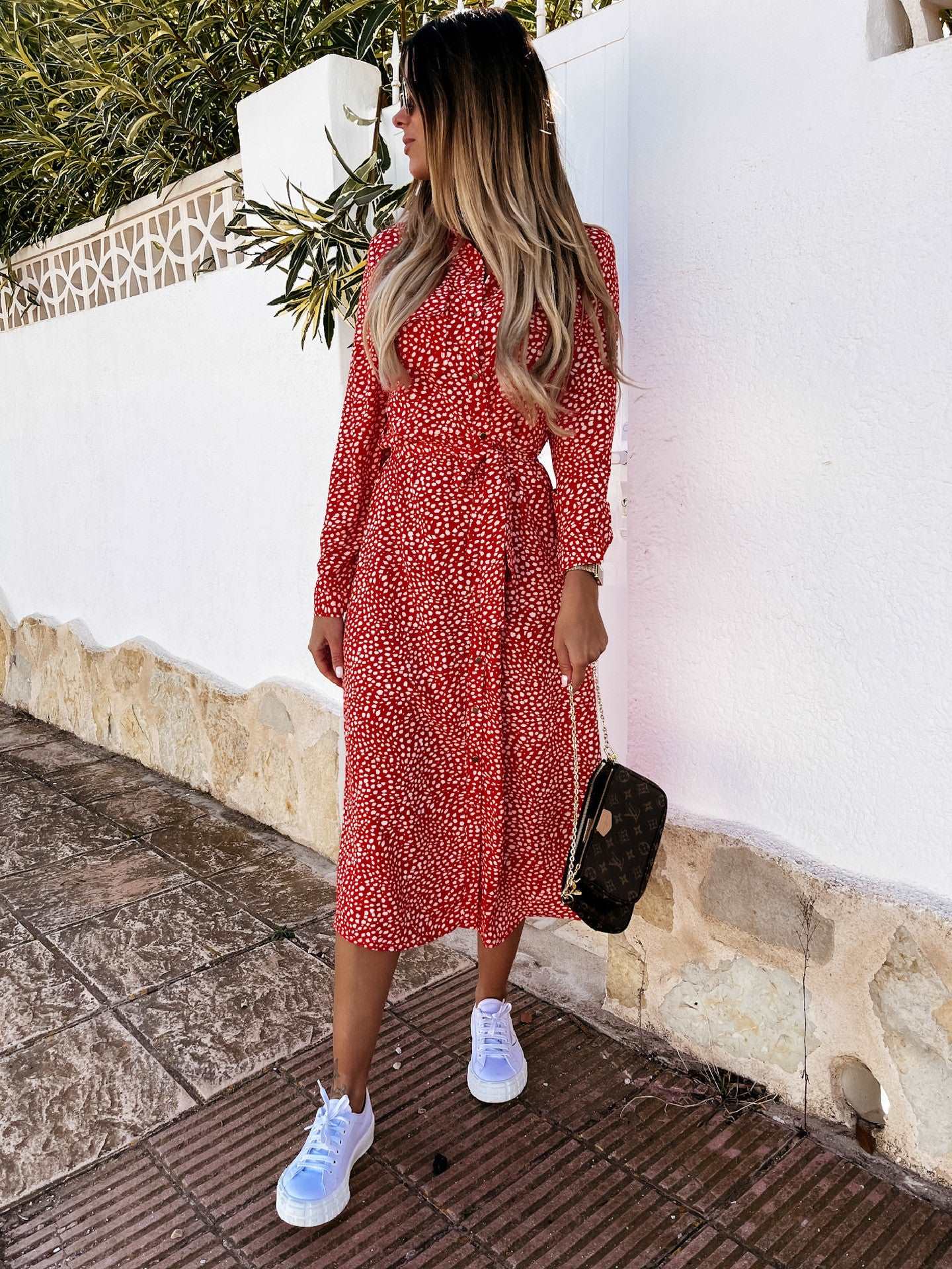 Women's Mid-waist Simple Floral Shirt Dress with Belt - ChoreGirl