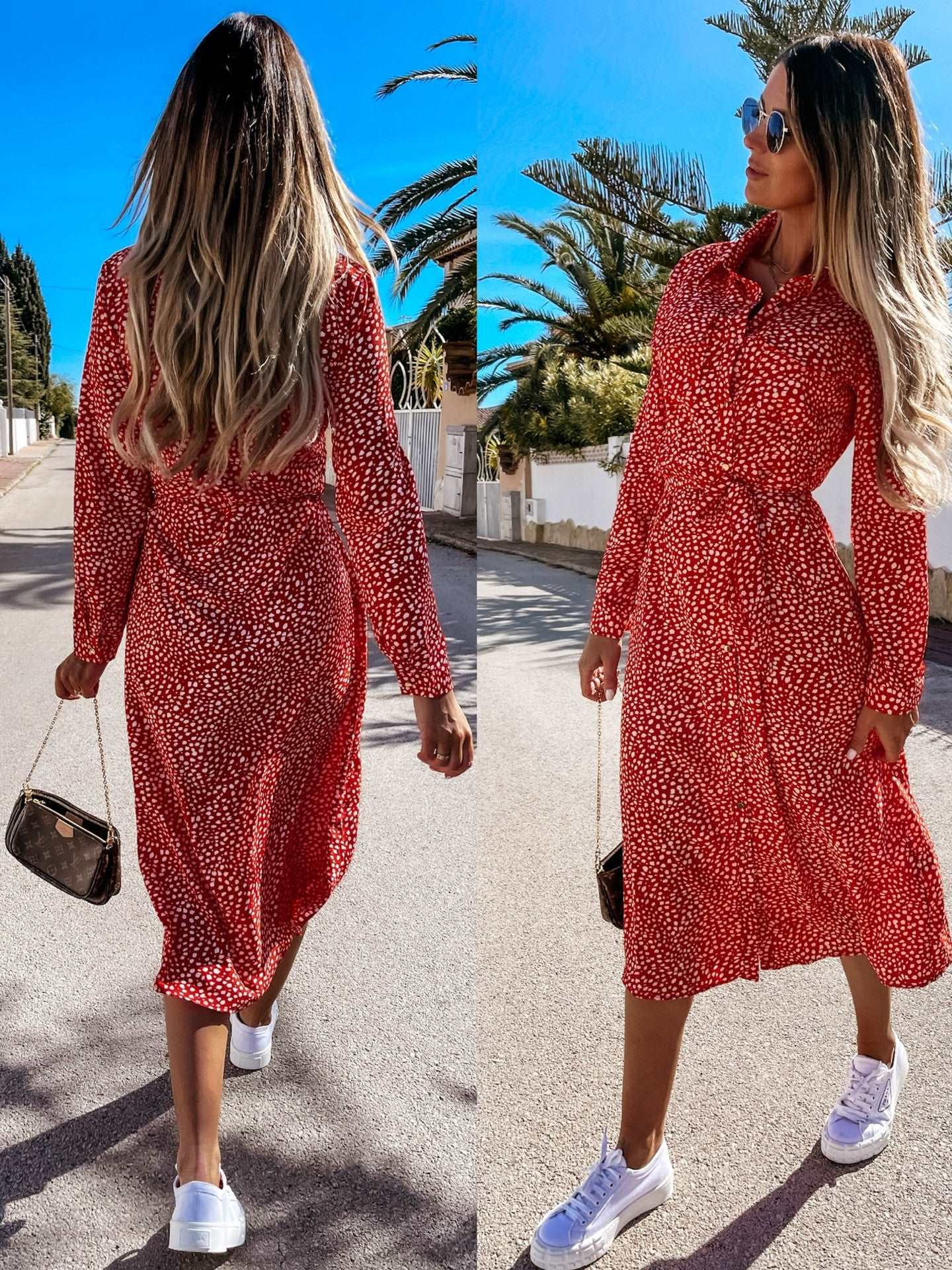 Women's Mid-waist Simple Floral Shirt Dress with Belt - ChoreGirl