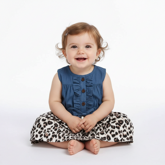 Baby Girl Cotton Blue and Leopard Print Dress
