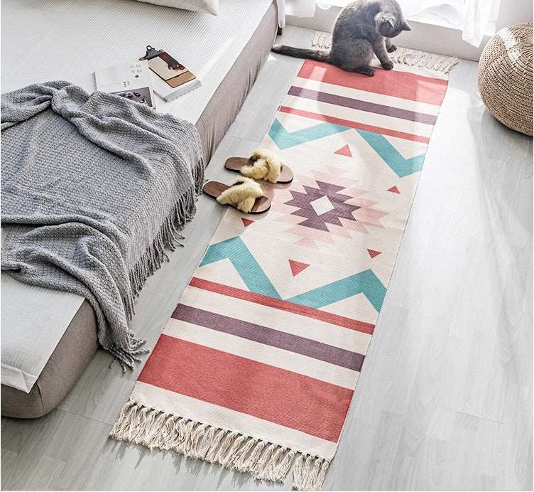 Long Hand Woven Cotton Linen Bohemian Geometric Floor Rug - ChoreGirl