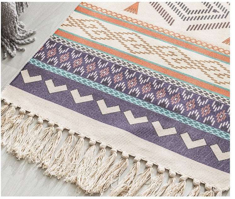 Long Hand Woven Cotton Linen Bohemian Geometric Floor Rug - ChoreGirl
