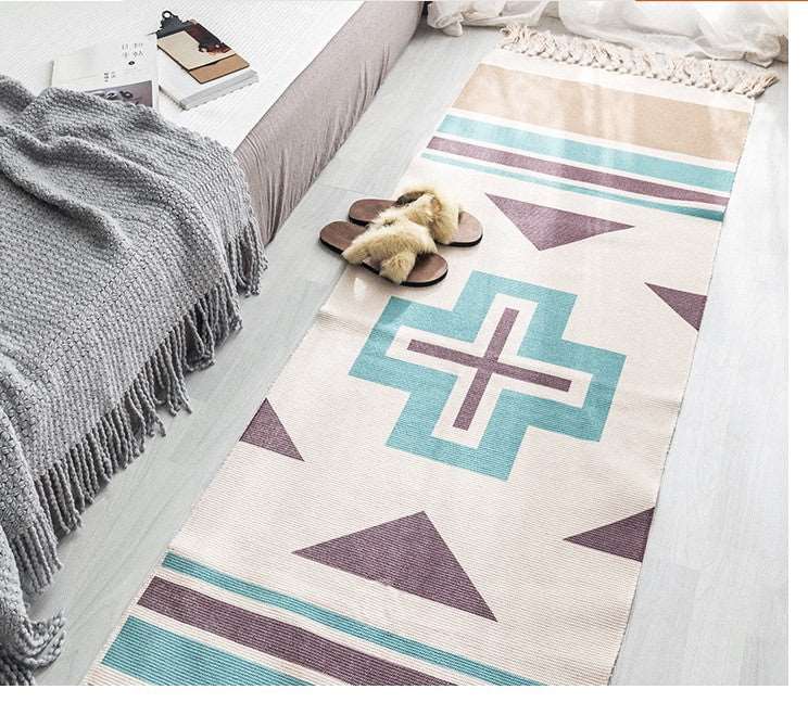 Long Hand Woven Cotton Linen Bohemian Geometric Floor Rug - ChoreGirl