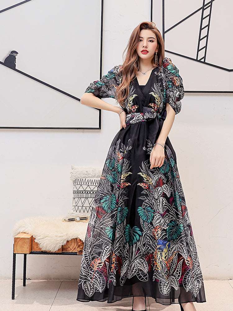 Women's Puff Sleeves V-Neck Floral Print Long Evening Dress - ChoreGirl