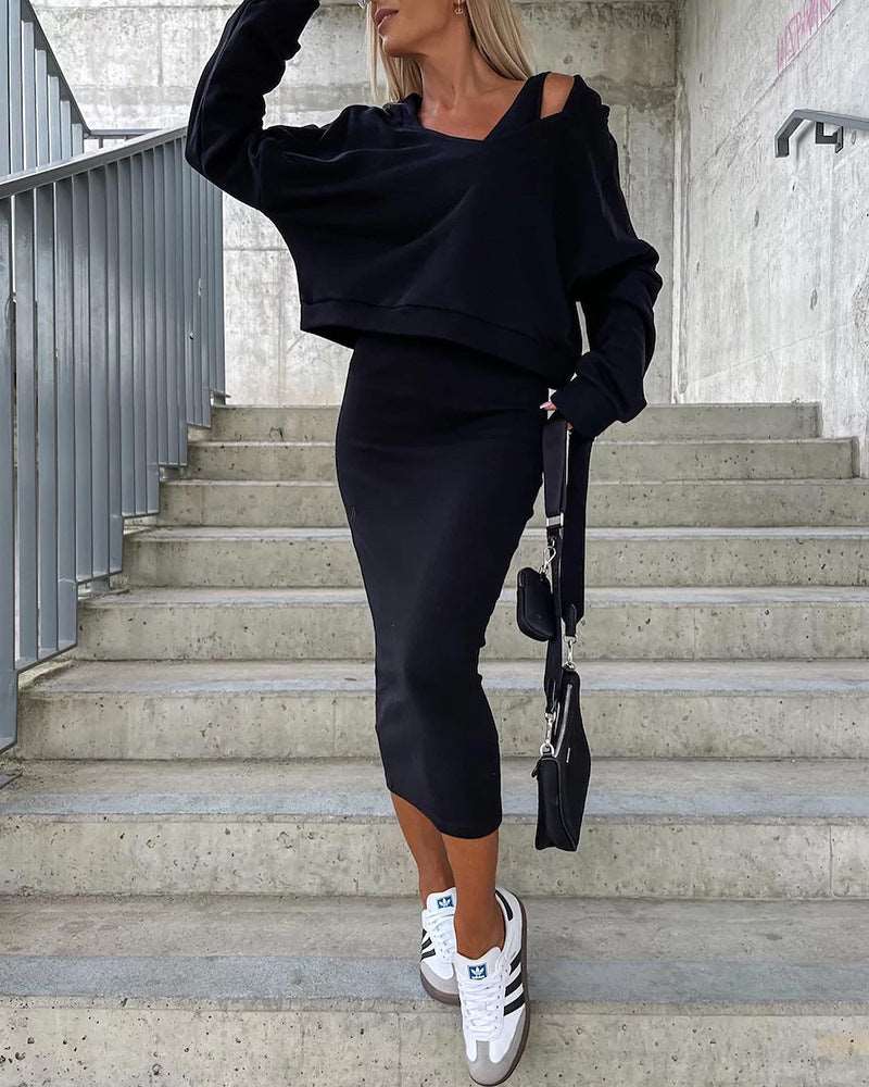 Women's Casual Tight Dress with Cropped Hoodie Two-piece Outfit Set - ChoreGirl