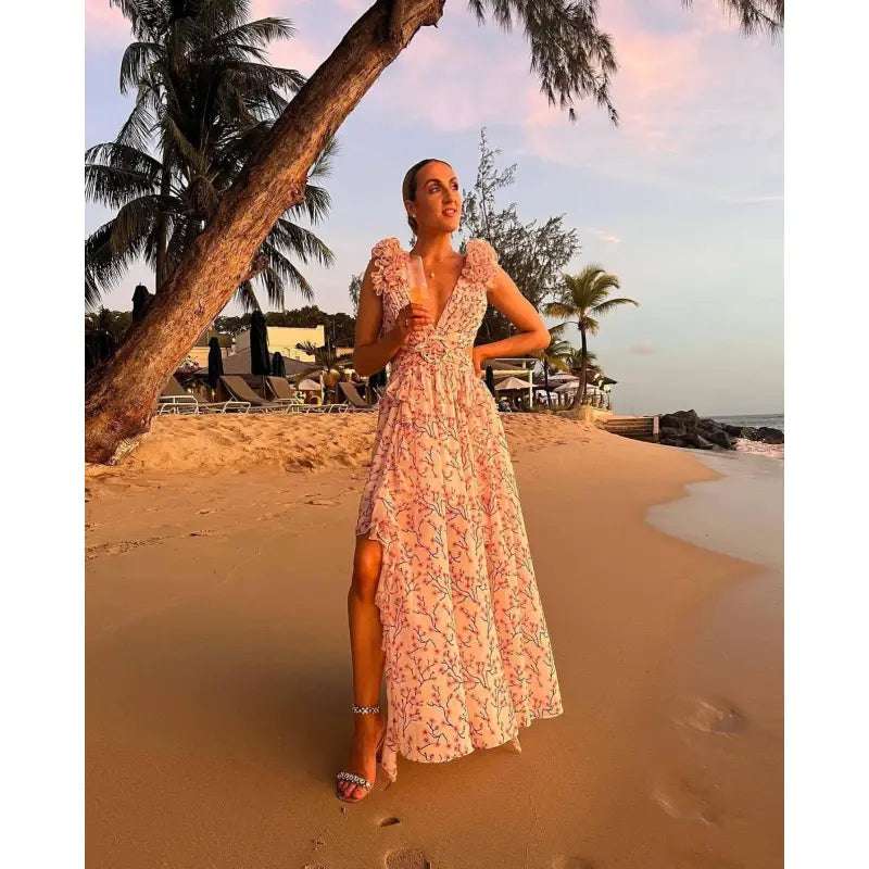 Women's Floral Pattern Ruffled Deep V-Neck Backless Dress - ChoreGirl