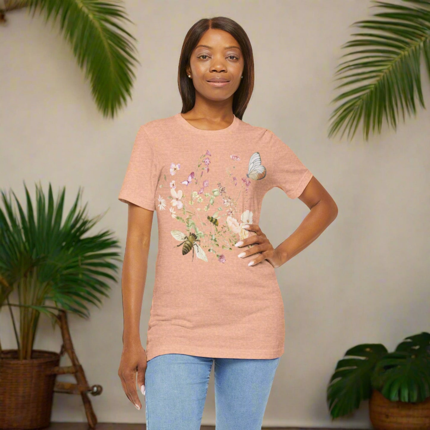Unisex Vintage Wild Flower and Bee Jersey Short Sleeve Tee - ChoreGirl
