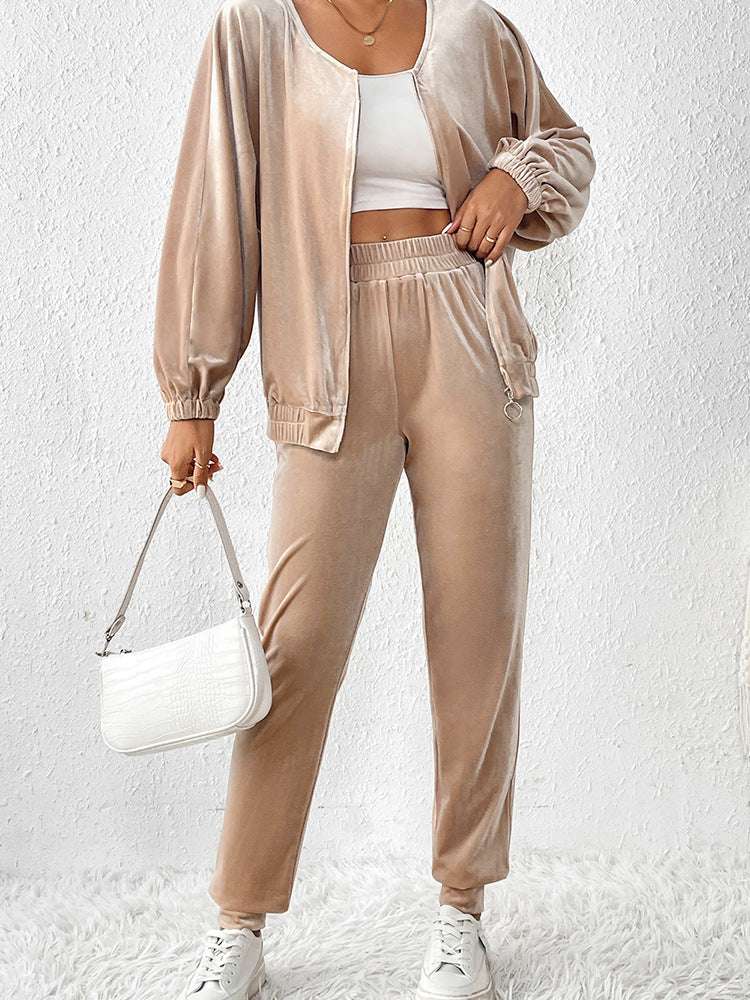 Women's Casual Solid Color Velvet Two-piece Outfit Set - ChoreGirl