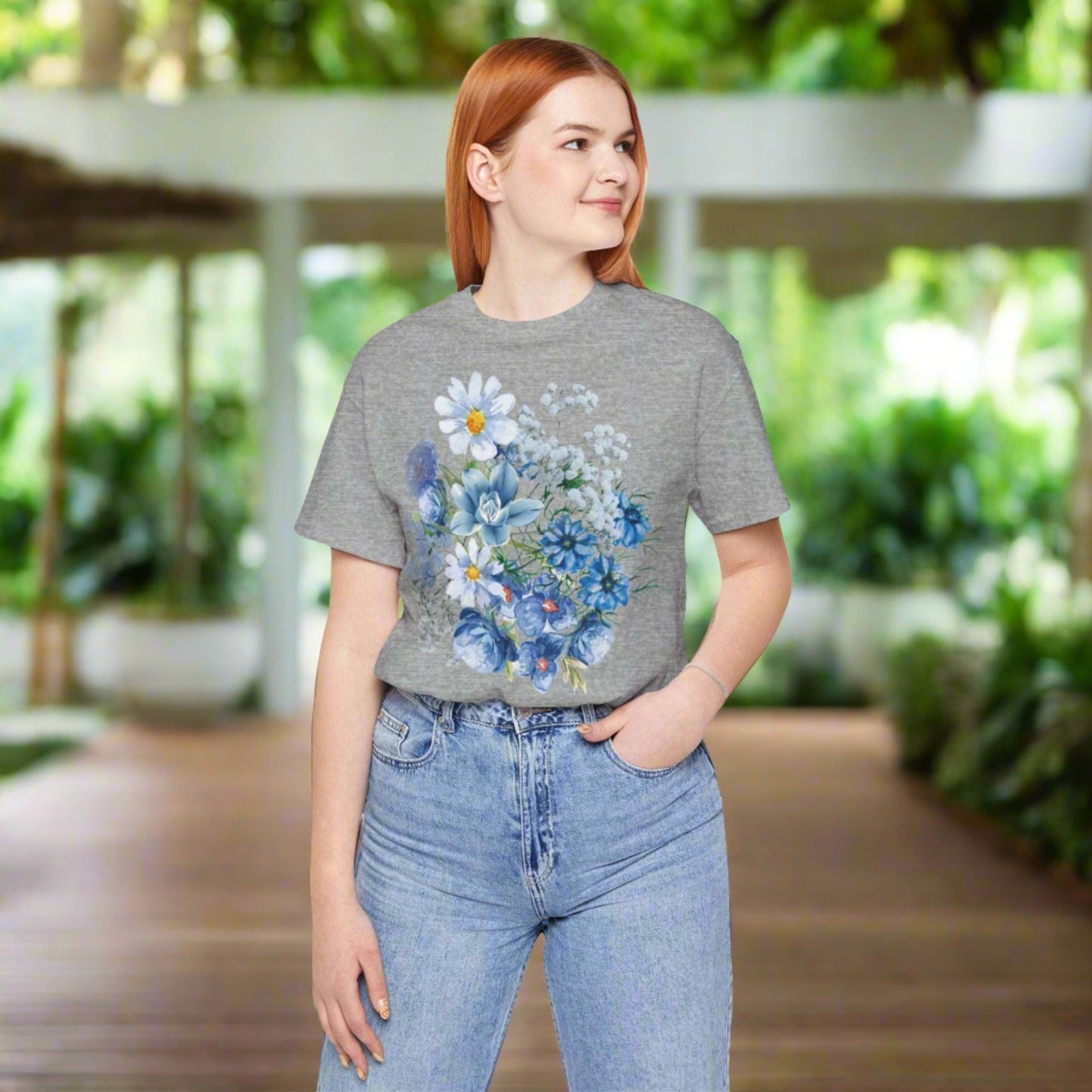 Custom Unisex Vintage Gardening Style Blue Flower Jersey Short Sleeve Tee | PERSONALIZED - ChoreGirl