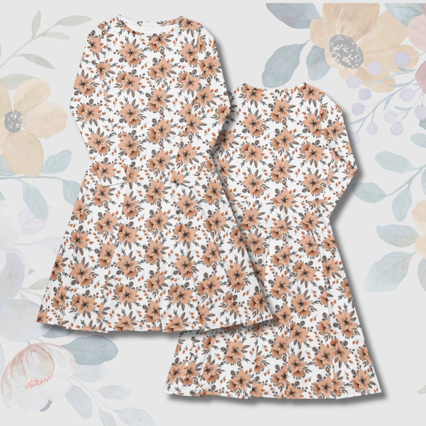 Custom Women's Flower Pattern Long Sleeve Midi Dress with Pockets | PERSONALIZED - ChoreGirl