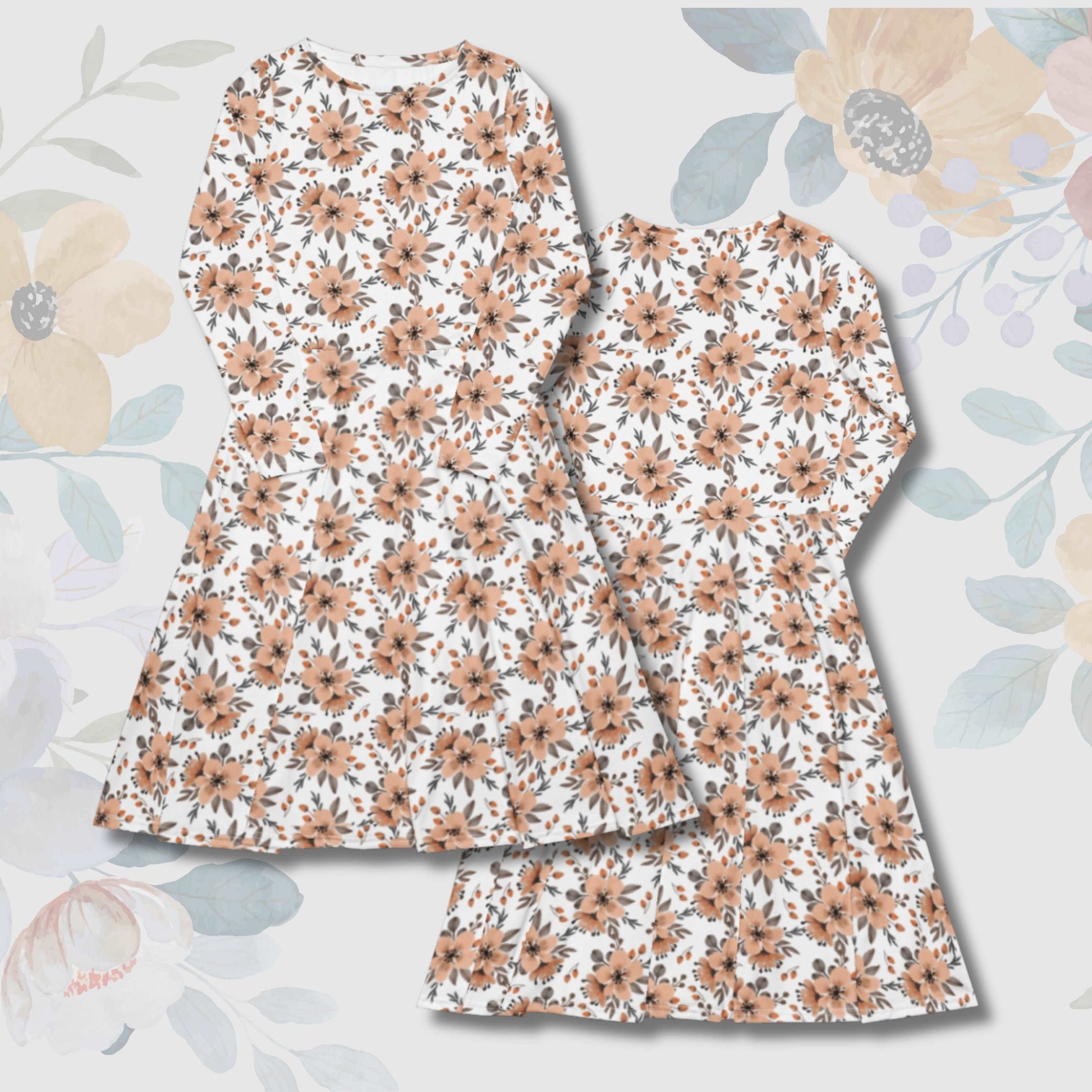 Custom Women's Flower Pattern Long Sleeve Midi Dress with Pockets | PERSONALIZED - ChoreGirl