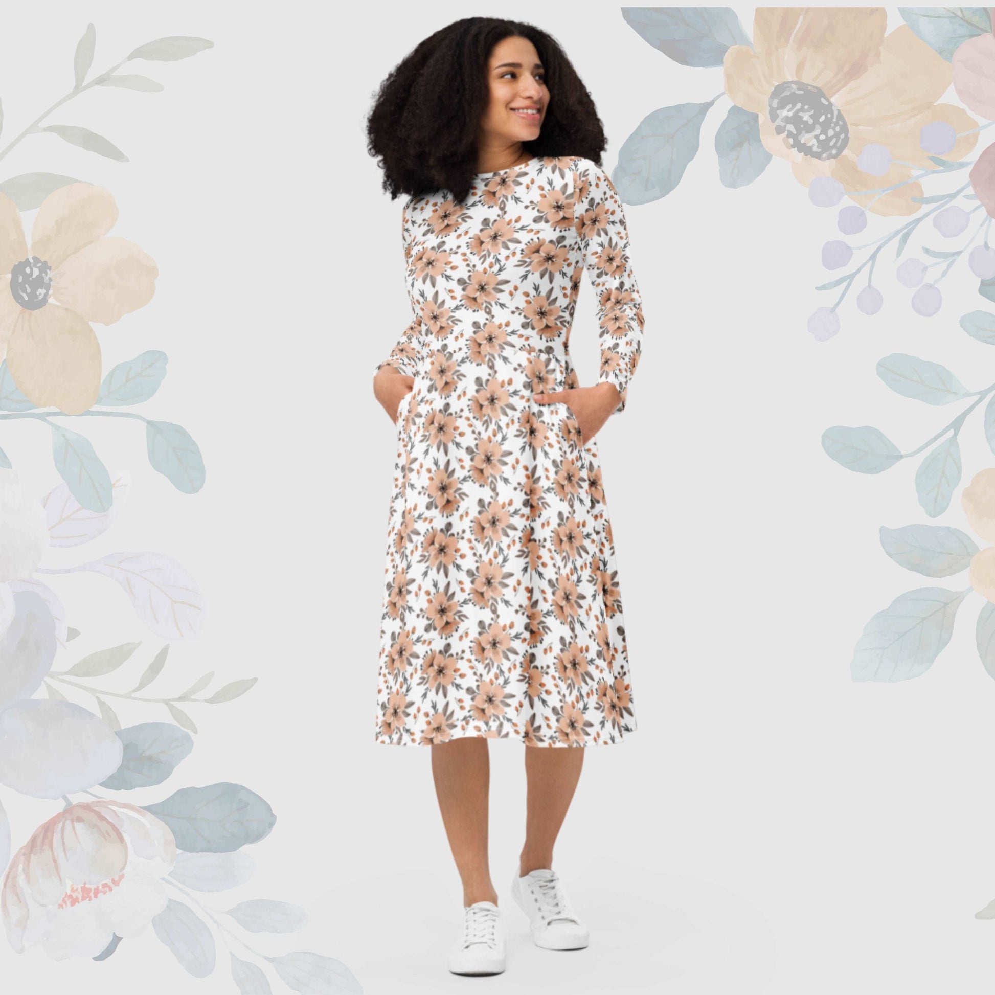 Custom Women's Flower Pattern Long Sleeve Midi Dress with Pockets | PERSONALIZED - ChoreGirl