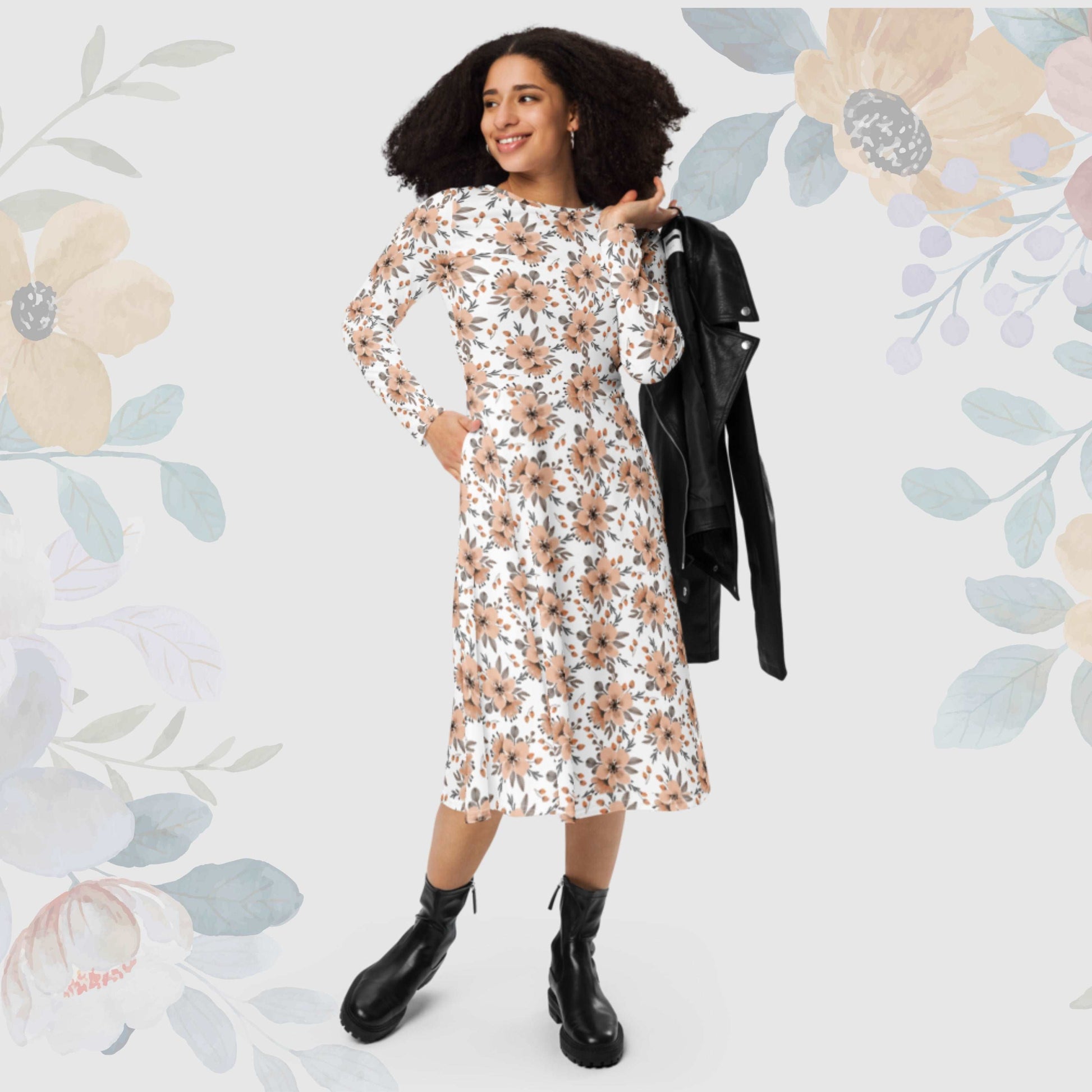 Custom Women's Flower Pattern Long Sleeve Midi Dress with Pockets | PERSONALIZED - ChoreGirl