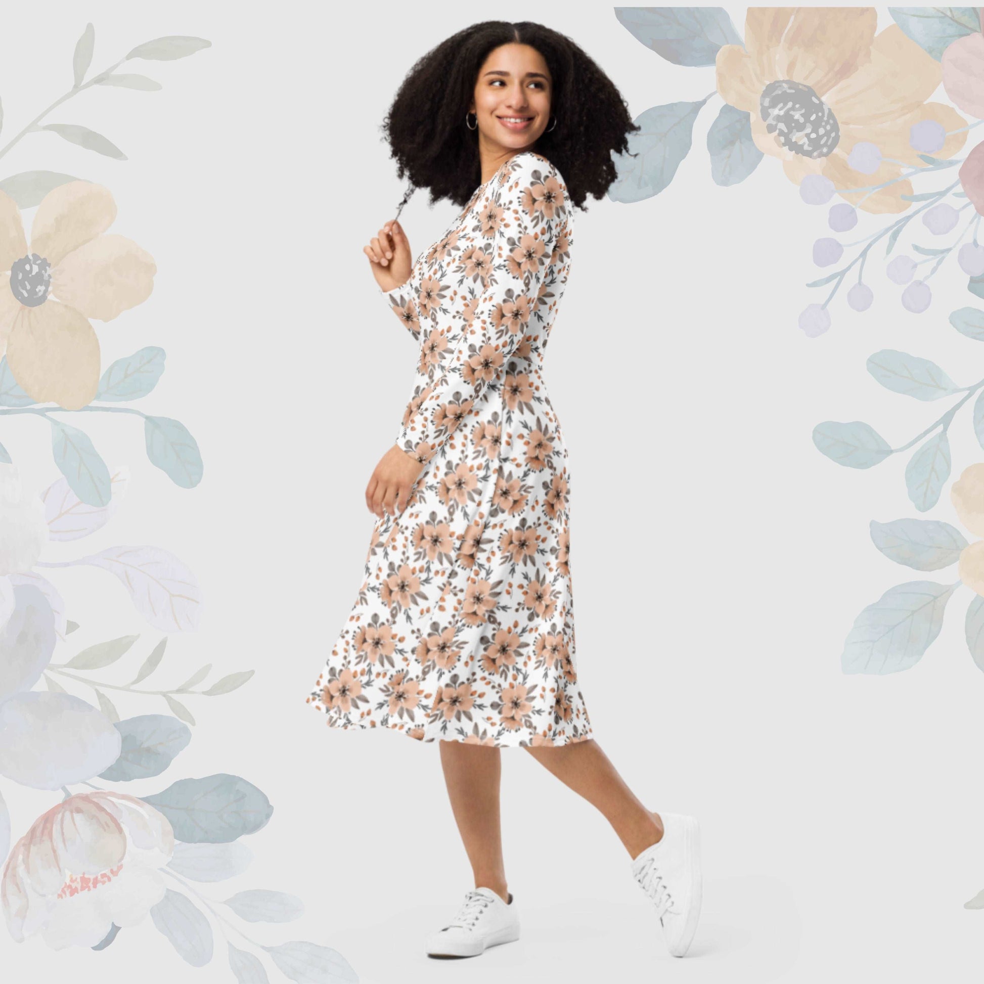 Custom Women's Flower Pattern Long Sleeve Midi Dress with Pockets | PERSONALIZED - ChoreGirl